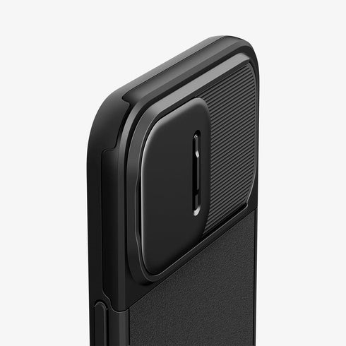 ACS06599 - iPhone 15 Pro Max Case Optik Armor (MagFit) in black showing the back with lens slot open